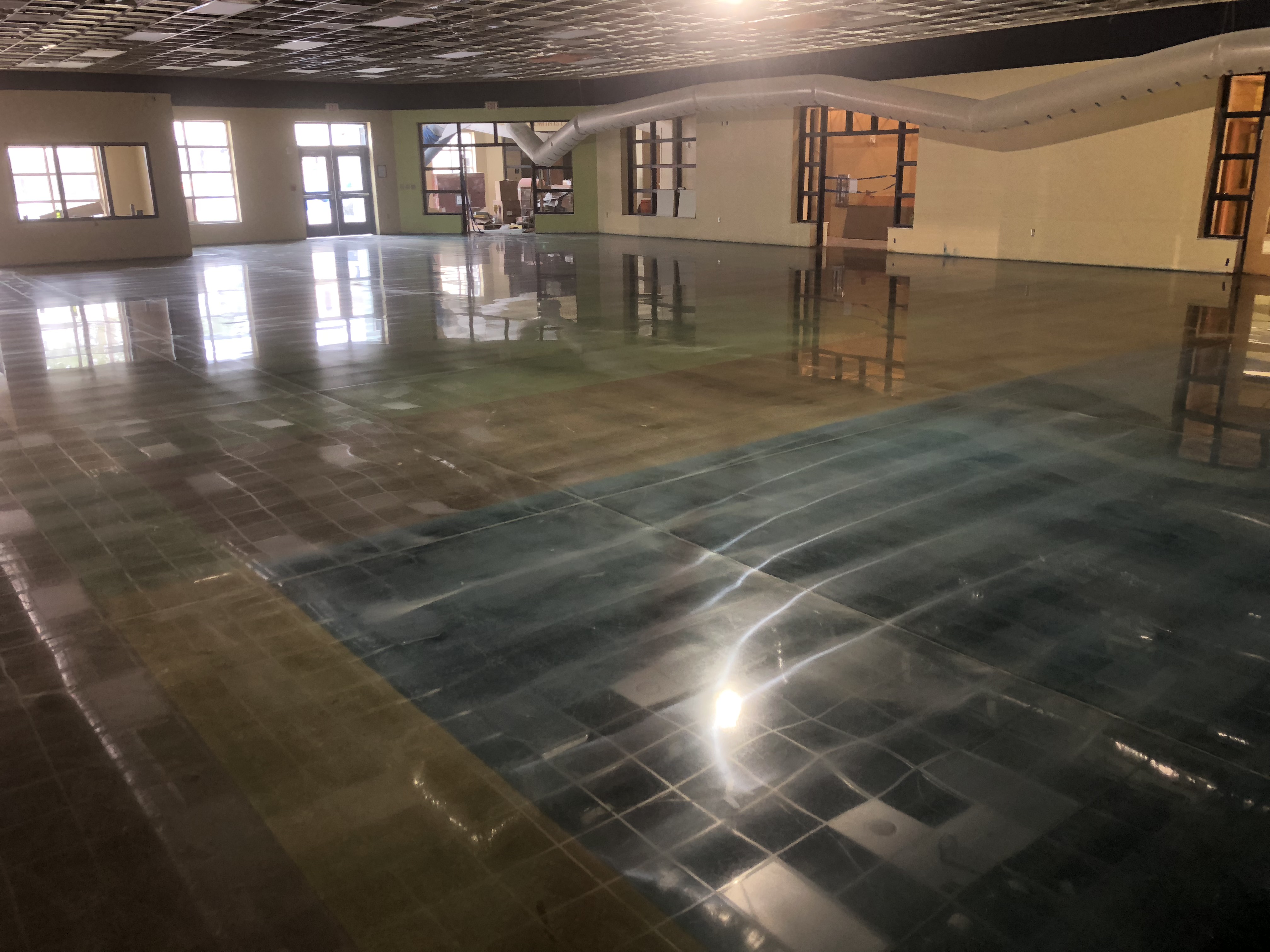 A full shot of a beautiful decoratively colored polished concrete floor.